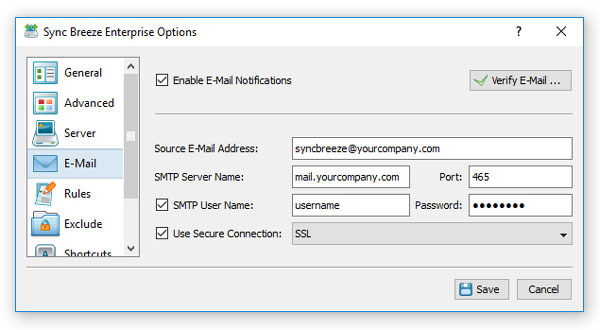 SyncBreeze Server E-Mail Options