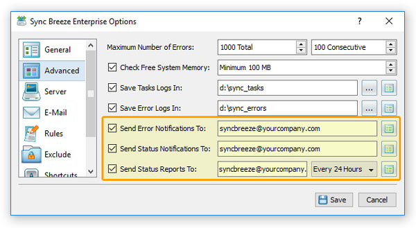SyncBreeze Server Status Notifications
