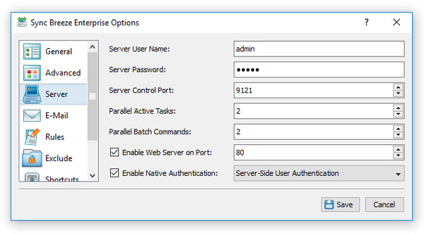 SyncBreeze Server Login Options