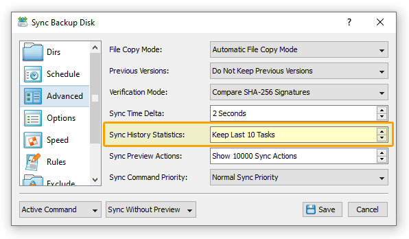 SyncBreeze Server Sync History Options