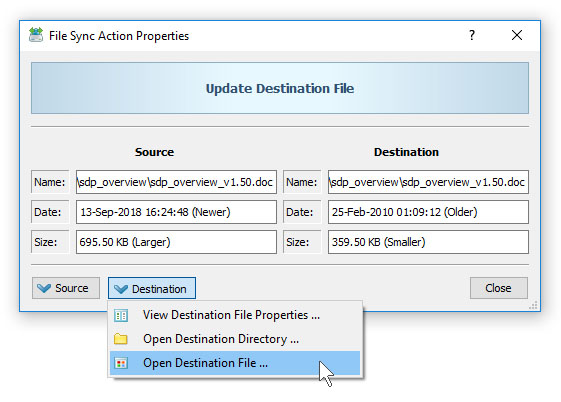 SyncBreeze File Sync Action Properties