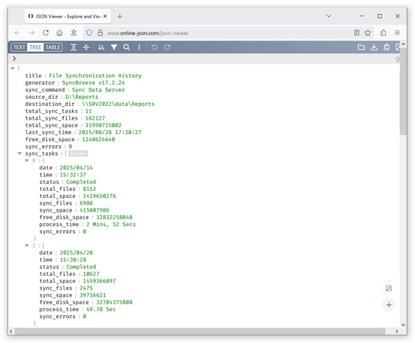 SyncBreeze File Sync History JSON Report